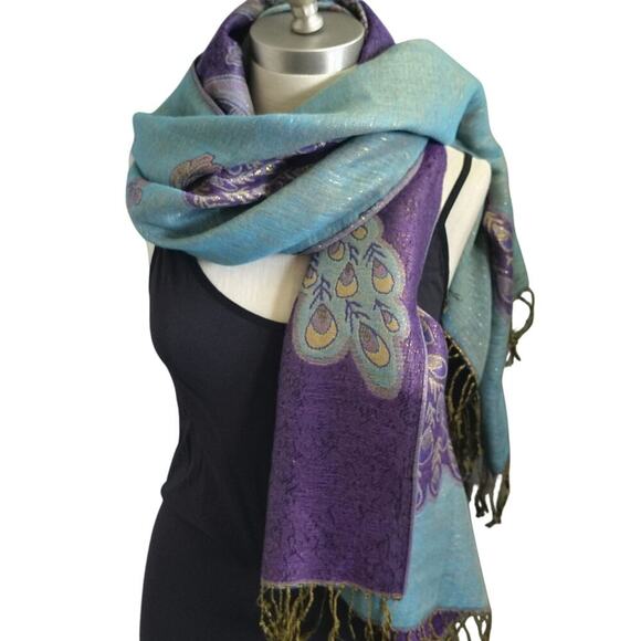 Peacock Two.Tone Wrap/Scarf Teal Purple OS - Picture 1 of 3